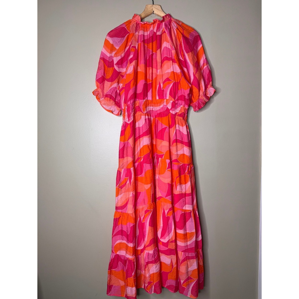 THML Pink Orange Abstract Print Tiered Maxi Dress Smocked Waist Pockets L - Picture 9 of 9